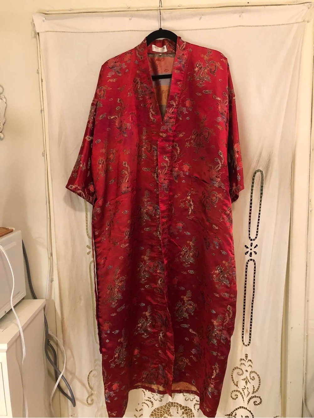 Red silk rayon Floral Kimono-Style Robe. Made in china